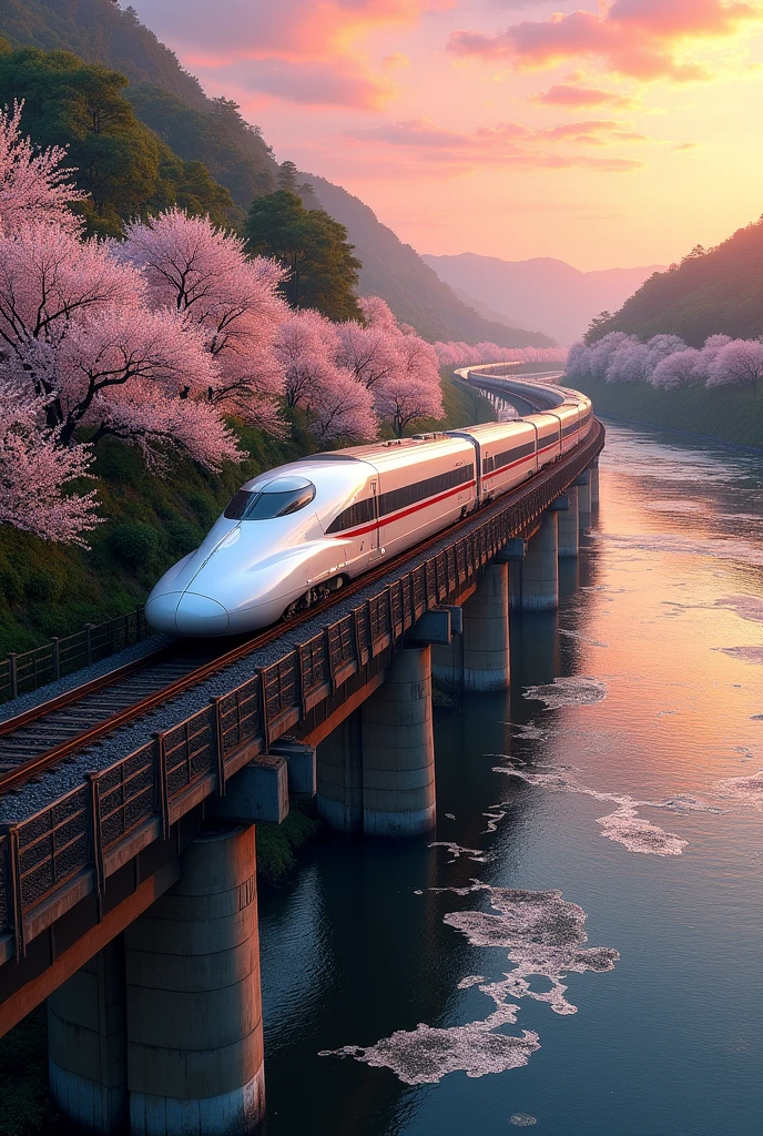 A Shinkansen running above the riverbank