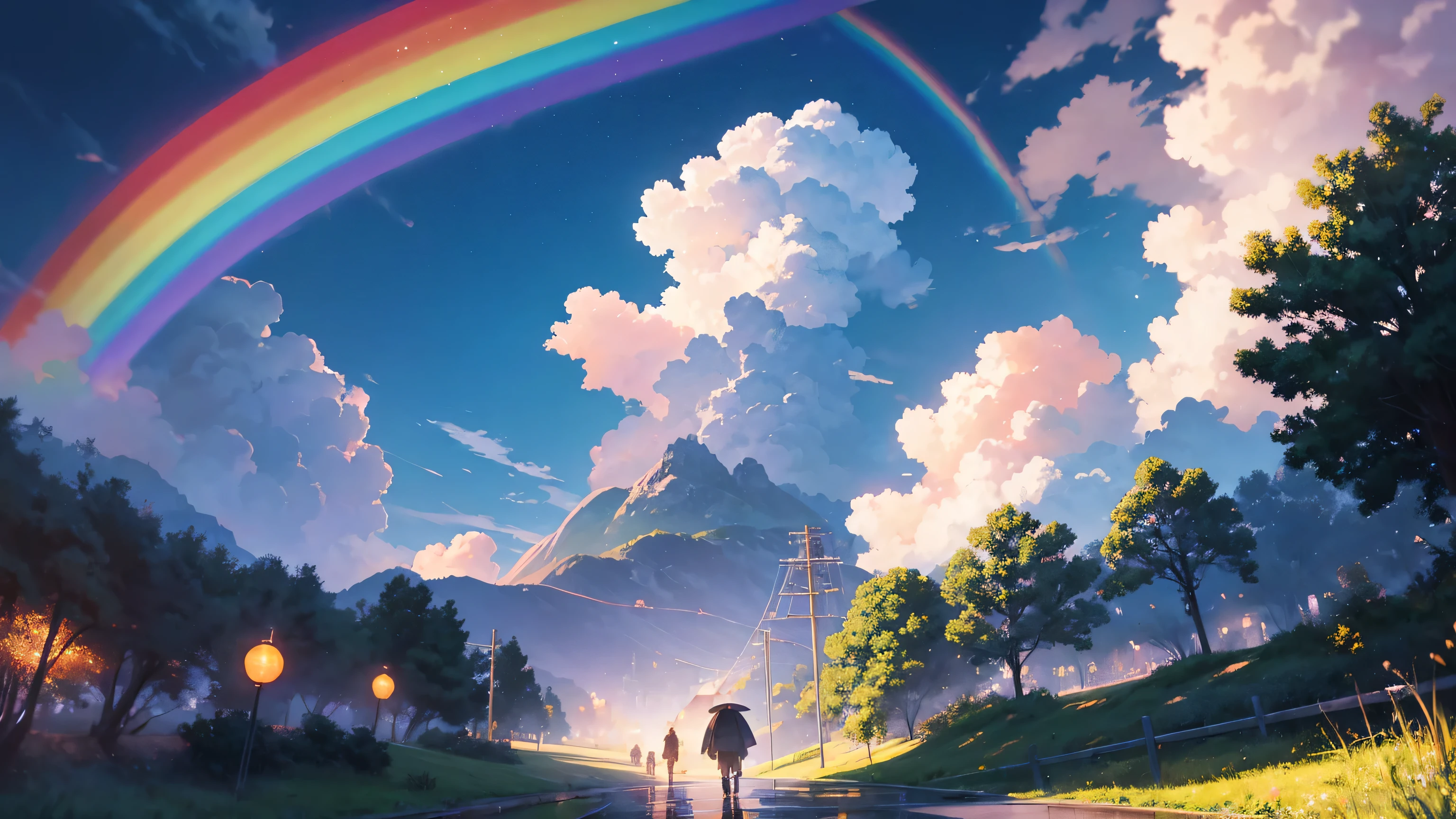 after the rain、Under the rainbow sky、Raincoat illustration, 8K Ultra HD, RAW Photos, Digital Painting, Super detailed, Golden Ratio