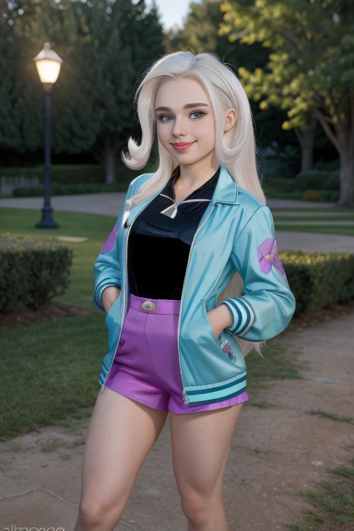 (masterpiece, The best quality:1.2), Alone, 1 girl , beautiful teenager europea , Beautiful teen model ,Caucasian , mlp , Trixie Lulamoon , Nice smile , make up  , looking at the viewer, small black jacket  , mlp , 17 years , beautiful teenager , turquoise eyes , inside, to become night , park , garden ,Full body photo  , happy , Nice smile , usa outfit de Trixie Lulamoon, mlp, long silver hair , long white hair , medium breasts