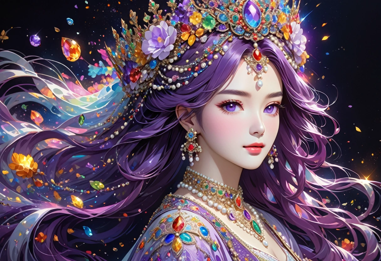 The image shows a person with long, flowing purple hair adorned in a crown decorated with various gemstones and intricate designs. The person is also wearing an elaborate necklace with multiple colorful gemstones and possibly pearls, which match the adornments on the crown. The background is dark, accentuating the luminous and detailed jewelry. The overall effect is ethereal and regal.