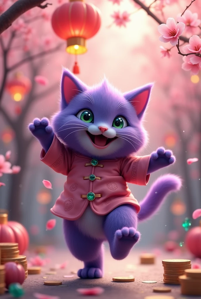 The talkative purple cat is happy and dancing. Talking will make you rich. It understands emotional communication background. Chinese style. When it opens, it will run out of money to communicate with other cats.