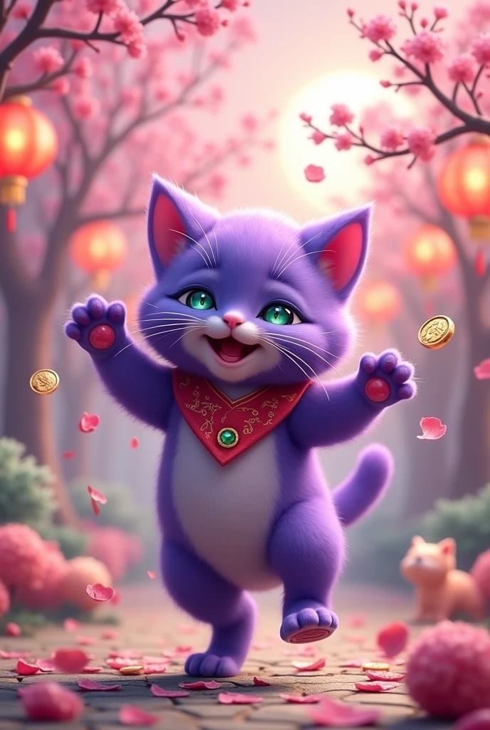 The talkative purple cat is happy and dancing. Talking will make you rich. It understands emotional communication background. Chinese style. When it opens, it will run out of money to communicate with other cats.
