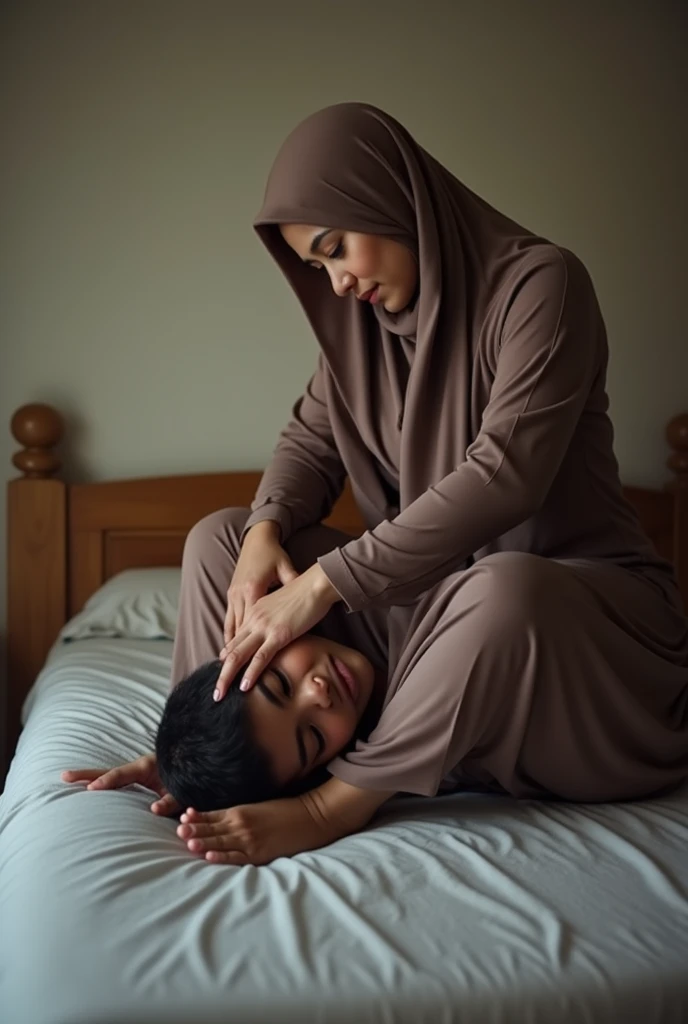 In a room, on a simple bed, a beautiful Indonesian hijab woman is having sex in women on top style with a 14 year old boy.