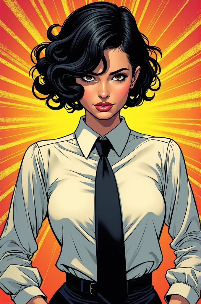 young and pretty woman, black hair, black eyes, clear thesis, Comic style image, short, curly hair to the shoulders, medium breasts, dressed in a long-sleeved blouse and a black tie