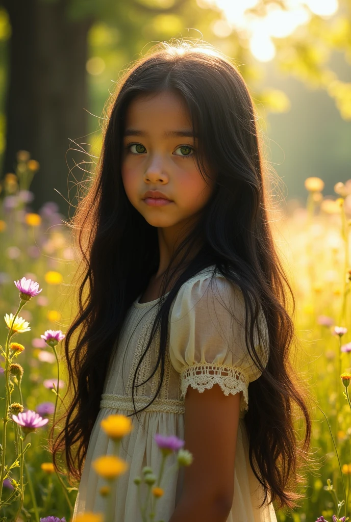Beautiful young girl with long black hair, with bright green eyes fading her beauty