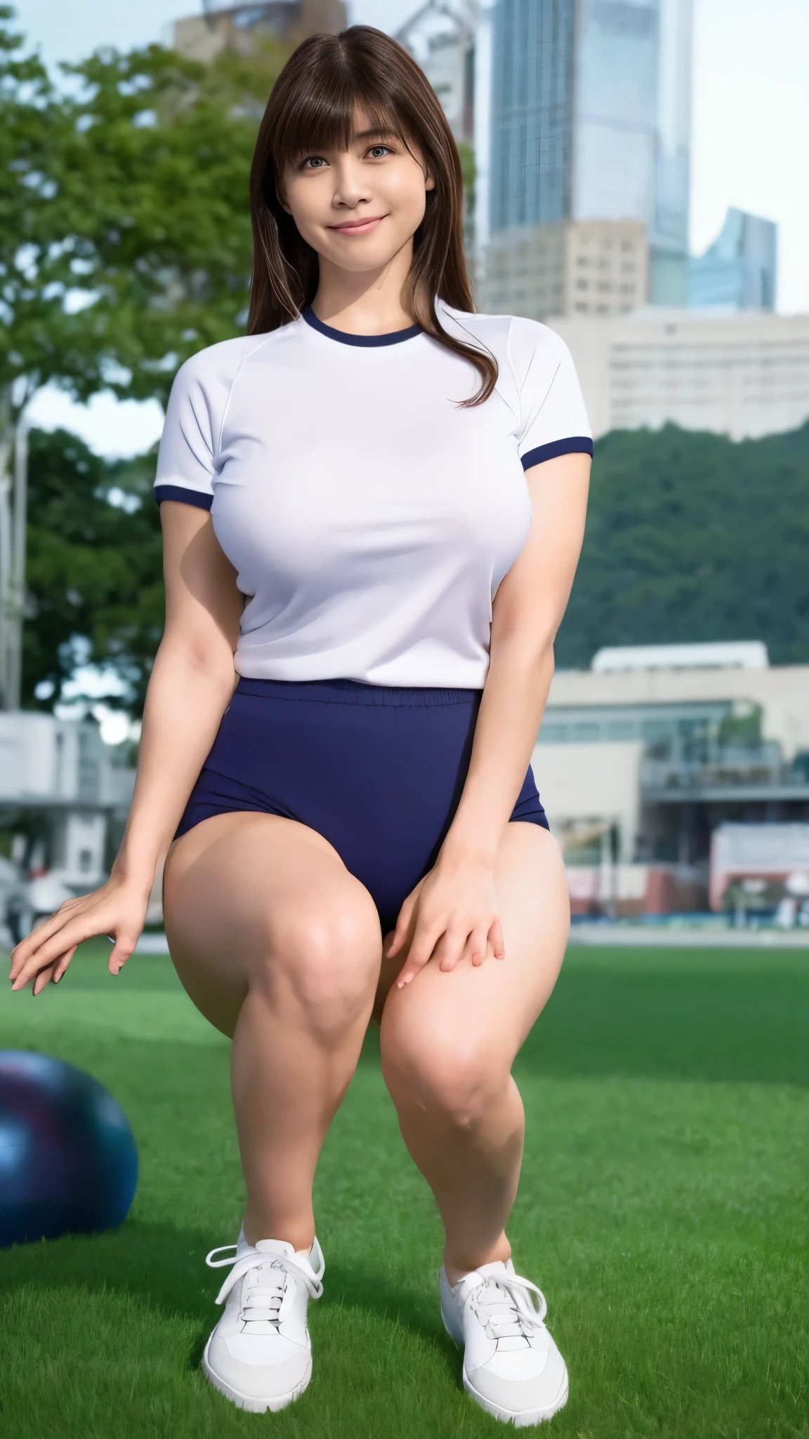 (8k,Ultra-high resolution,Highest quality,masterpiece,Realistic,Ultra-high resolution,High-quality RAW color photos,Professional photos,Realistic,Realistic),Natural skin texture,Fine skin,Hyperrealism,Intricate details,Adult women,Eye highlights.Lip gloss,Glossy Lips,(Cute smile,Semi-long hair,Dark blonde hair,bangs),(gigantic breast,Big Breasts),(((white short-sleeved gym uniform,Navy bloomers),sneakers)),((Athletics Stadium),Leaning forward,open legs),spread legs