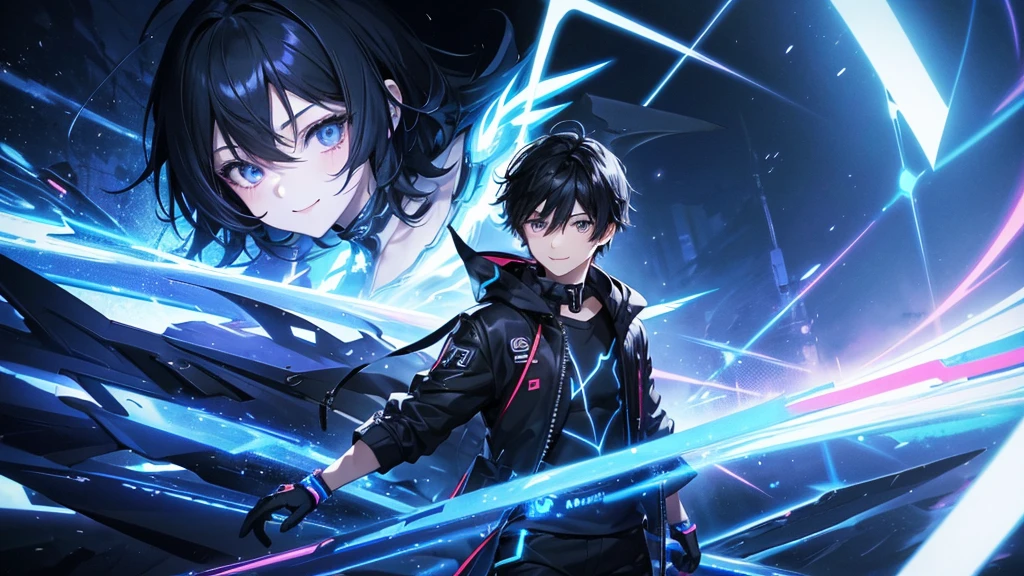 an anime boy with black eyes and black hair against a backdrop of a frenetic dark world, smiling, with a fearless and relaxed expression, wearing futuristic clothing with blue neon lights and comfortable shorts, the character is young and has white orographic wings like an angel, In the background, evil entities can be seen