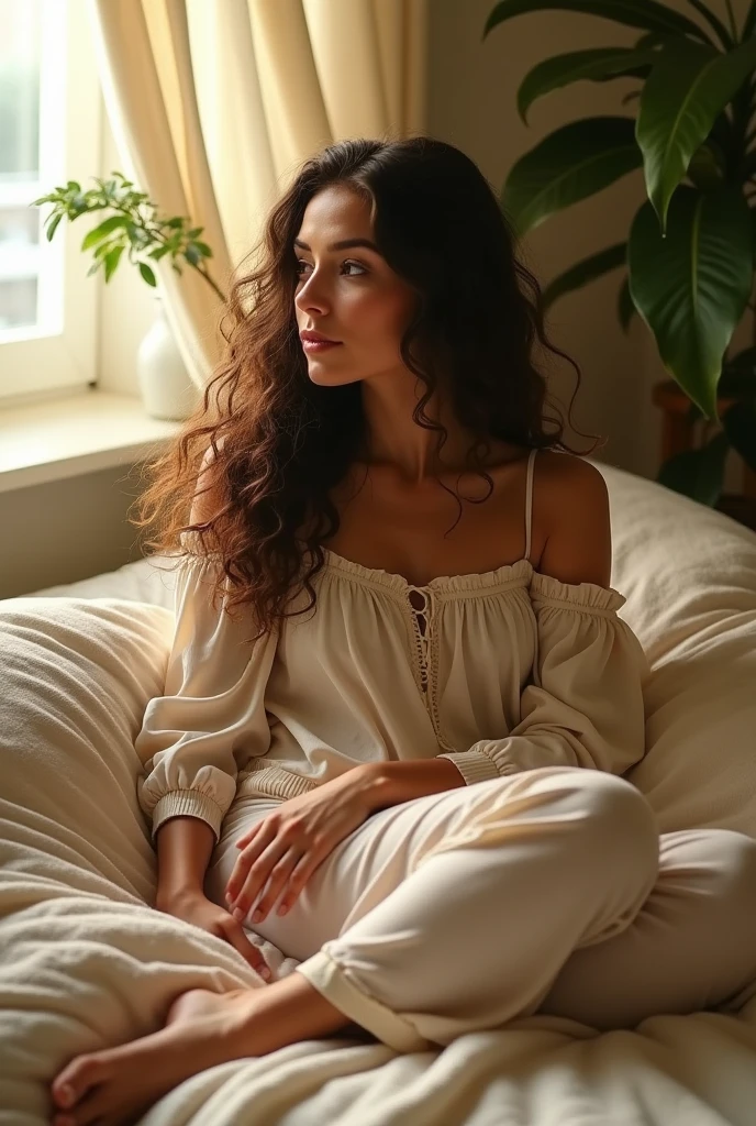 (photorealism:1.2), beautiful woman, sitting on bed, wearing loose off-shoulder top, pajama pants, long curly hair, indoors, soft lighting, plants in background, window with sunlight, cozy room, relaxed pose, realistic, intricate details, warm colors, by Greg Rutkowski, by Alphonse Mucha
