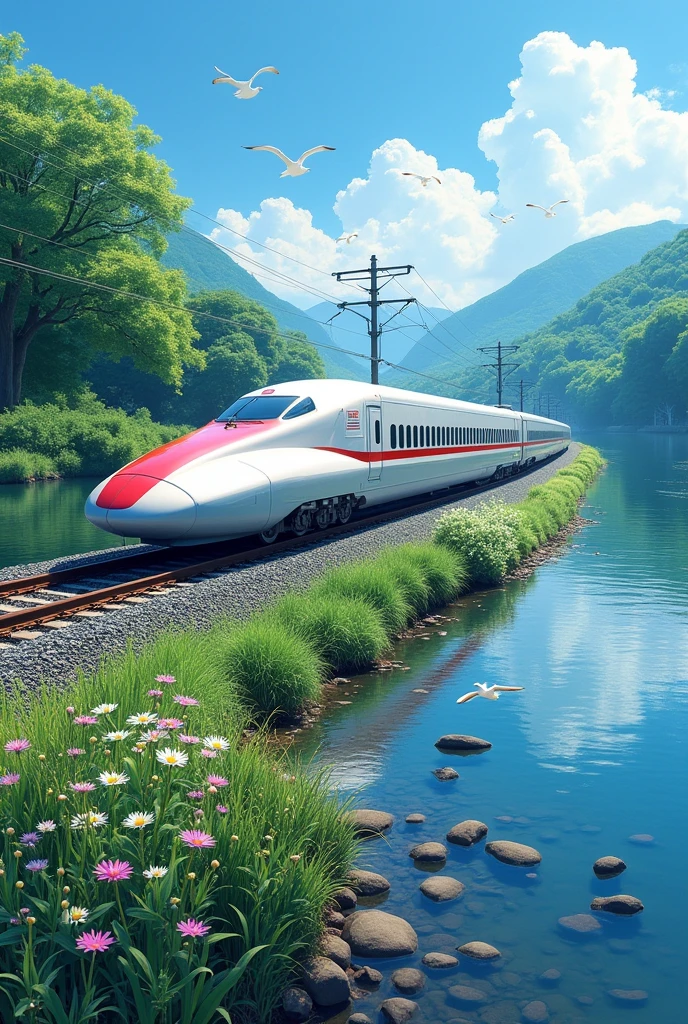 The Shinkansen running on the riverbank