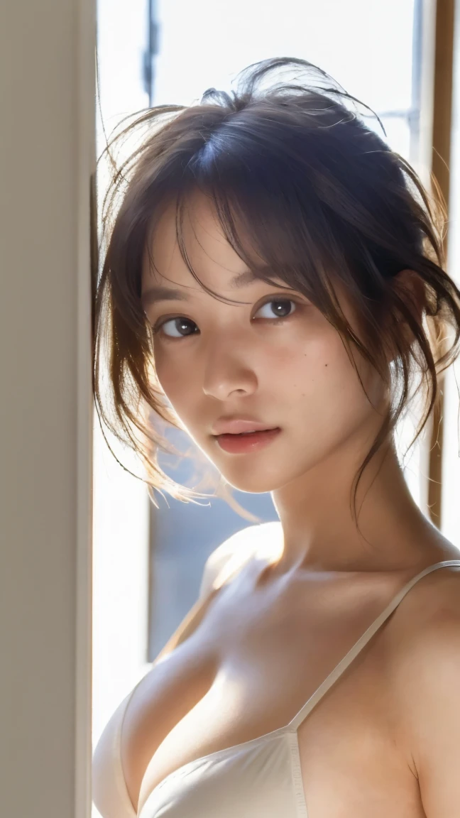 ((masterpiece:1.4, Highest quality)), ((masterpiece, Highest quality)), (Photorealistic:1.4), (derailed skin), Professional Lighting, Physically Based Rendering, very cute, Big eyes, Highly detailed eyes and face, Beautiful eyes in every detail, (Beautiful Japanese woman:1.3), Face Focus, middle length hair, bangs, messy hair, (upper body), back light, micro bikini, (no bra),
