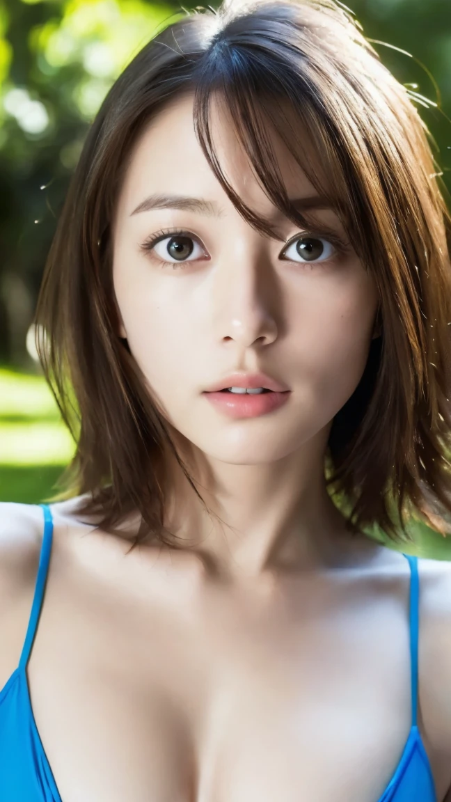 ((masterpiece:1.4, Highest quality)), ((masterpiece, Highest quality)), (Photorealistic:1.4), (derailed skin), Professional Lighting, Physically Based Rendering, very cute, Big eyes, Highly detailed eyes and face, Beautiful eyes in every detail, (Beautiful Japanese woman:1.3), Face Focus, middle length hair, bangs, messy hair, (upper body), back light, micro bikini, (no bra),
