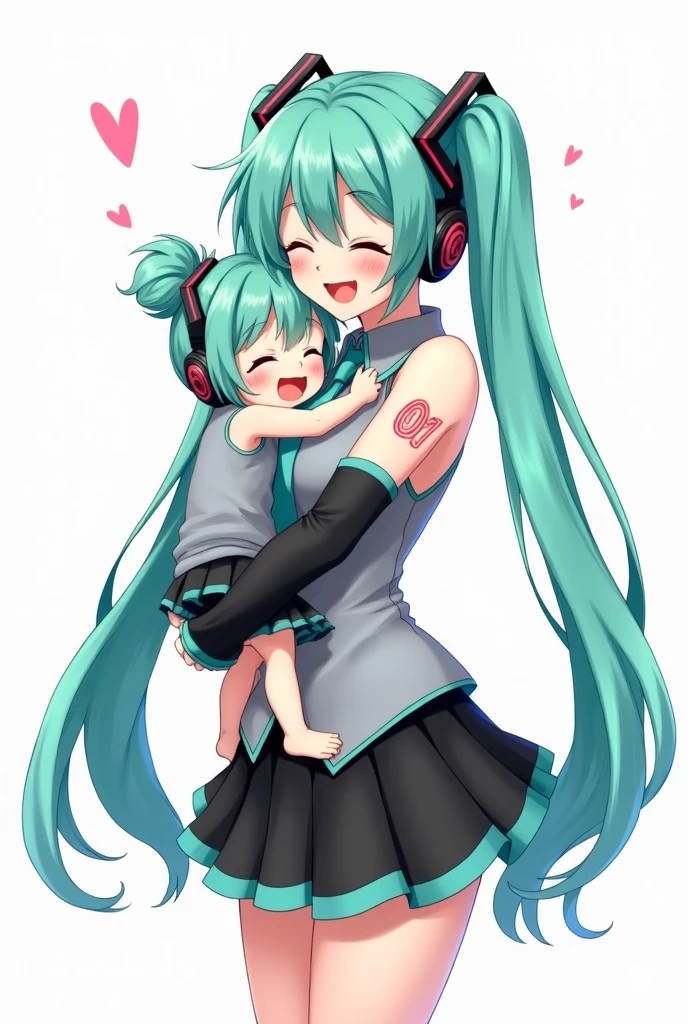 Anime art, anime style, detailed drawing, white background, high definition, high quality, one girl, solo, Hatsune Miku, aqua hair, twin tails, head ornament, headphones, number tattoo "01" (red, located on her left hand), grey sleeveless collared shirt, black detached sleeves with aqua lines, five fingers with aqua nails, aqua necktie, black pleated mini skirt with aqua lines, zettai ryouiki, thigh-high black boots with aqua lines.

Anime art, anime style, detailed drawing, white background, high definition, high quality, one girl, solo, Hatsune Miku, aqua hair, twin tails, head ornament, headphones, number tattoo "01" (red, located on her left hand), grey sleeveless collared shirt, black detached sleeves with aqua lines, five fingers with aqua nails, aqua necktie, black pleated mini skirt with aqua lines, zettai ryouiki, thigh-high black boots with aqua lines.

Miku Hatsune hugging her daughter