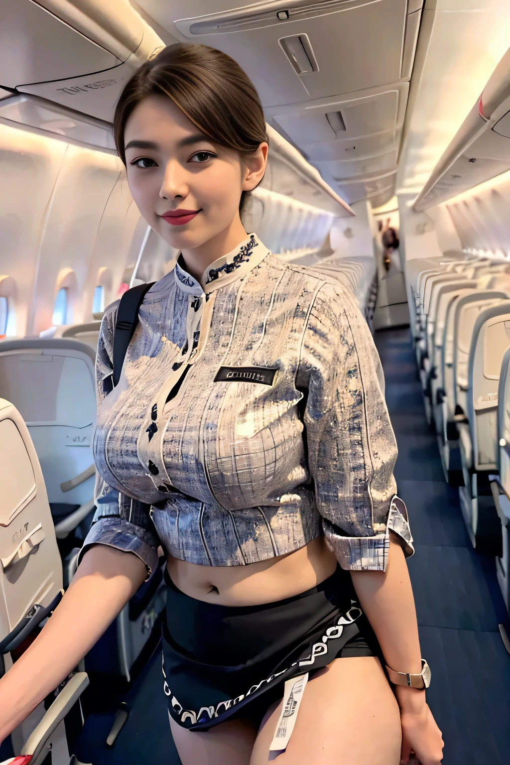 1beautiful womanl, 28years、hyperdetailed face、Detailed lips、A detailed eye、double eyelid、(Black bob hair、Smiling while walking gracefully down the aisle)、(Stewardess uniform:1.1)、((mini skirt:1.5)) (Glamorous body)、(Colossal tits)、（large full breasts）（big butts）（Plump body）（plump body shape）（ large full breasts）（Colossal tits）((J-Cup))、highs thighs thighs thighs, Perfect fit, Perfect image realism, Background with: (Business Class aisle on airplanes:1.2), Cowboy Shot, Meticulous background, detailed costume, Perfect litthing、Hyper-Realism、(Photorealsitic:1.4)、8K maximum resolution, (​masterpiece), ighly detailed, Professional