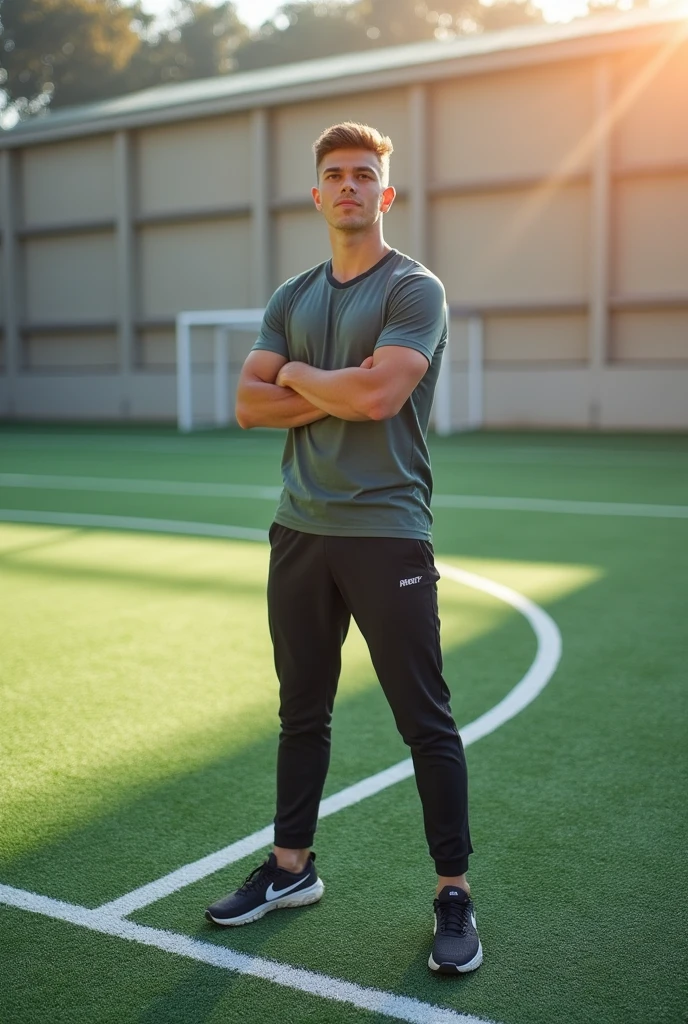 Create a picture of a young man standing in the middle of an empty futsal field, with folded arms pose, in a simple futsal field, camera angle from slightly above the right side
