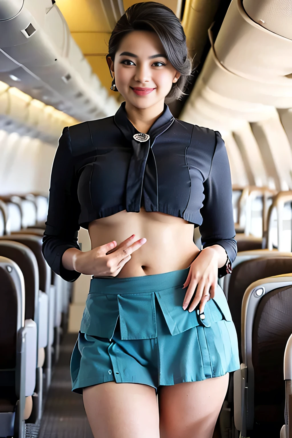 1beautiful womanl, 28years、hyperdetailed face、Detailed lips、A detailed eye、double eyelid、(Black bob hair、Smiling while walking gracefully down the aisle)、(Stewardess uniform:1.1)、((mini skirt:1.5)) (Glamorous body)、(Colossal tits)、(large full breasts)(big butts)(Plump body)(plump body shape)( large full breasts)(Colossal tits)((J-Cup))、highs thighs thighs thighs, Perfect fit, Perfect image realism, Background with: (Business Class aisle on airplanes:1.2), Cowboy Shot, Meticulous background, detailed costume, Perfect litthing、Hyper-Realism、(Photorealsitic:1.4)、8K maximum resolution, (masterpiece), ighly detailed, Professional
