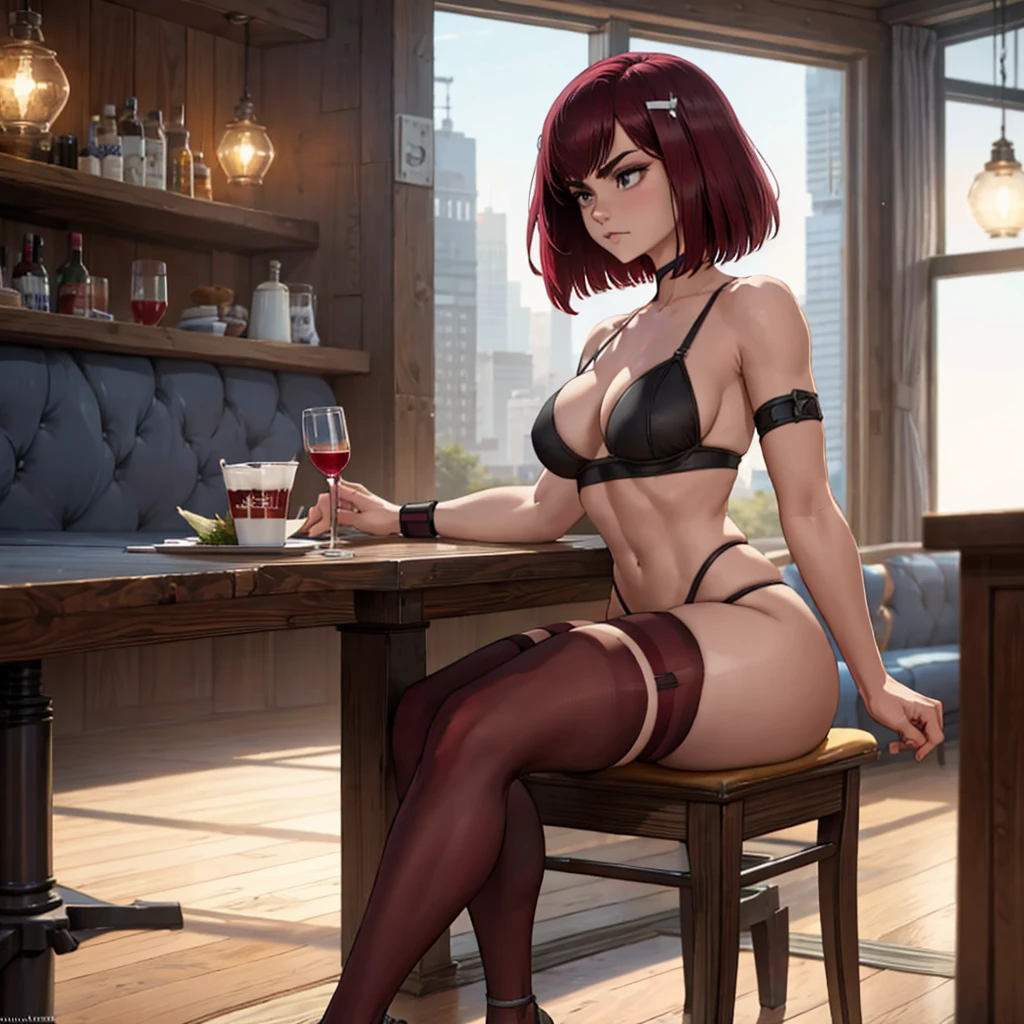 1 girl, solo, shot from side, looking to the side, short hair, sport thong, sport bra, (burgundy thigh highs), stockings, Long stockings, arm gloves, anklet, armlet, thighs strap, arm strap, chocker, sitting (sit down), full body, mature female, ass, thick, burgundy color, tavern, A picture taken from a video game, restaurant, bar stool,