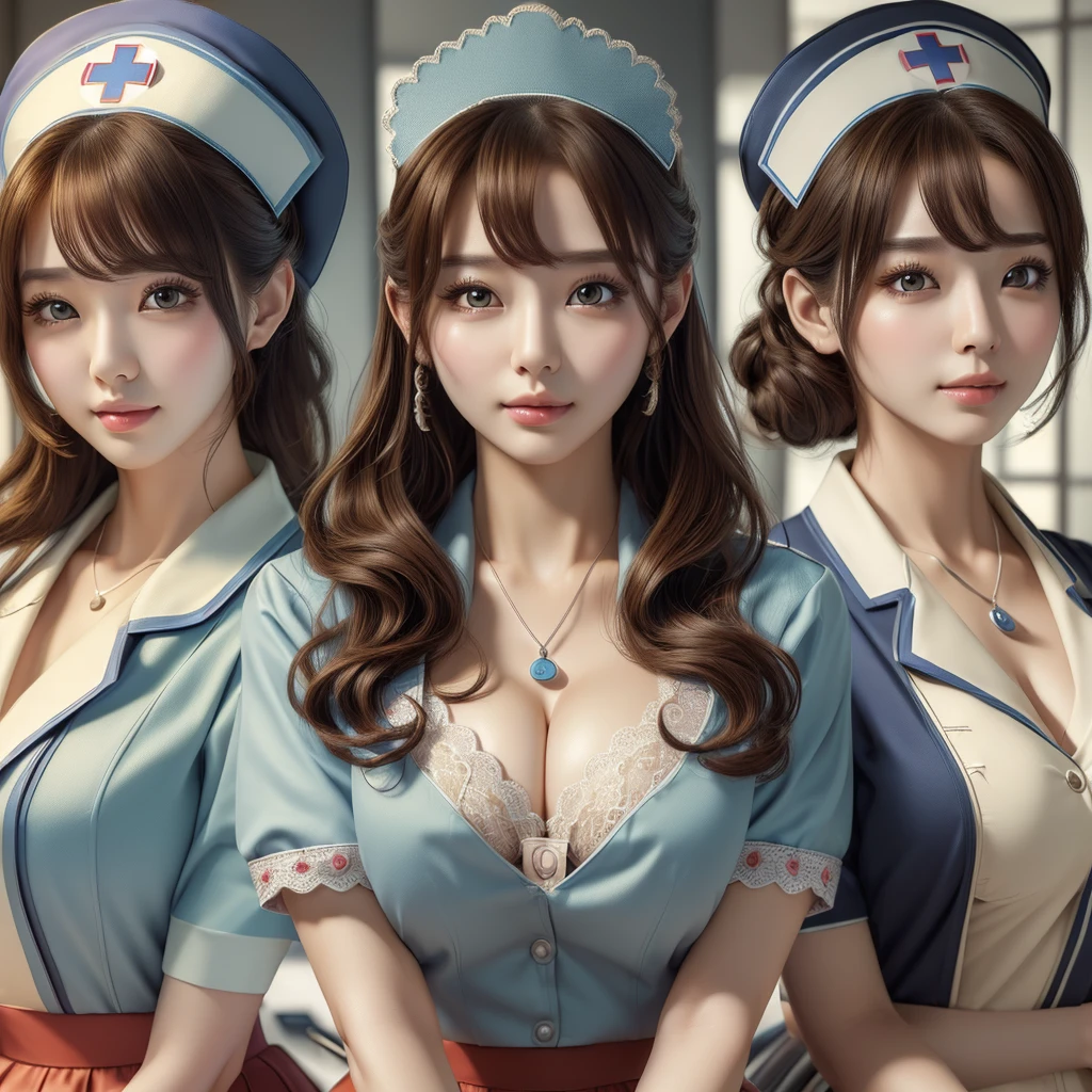 (best quality, masterpiece:1.5), (ultra-detailed, realistic:1.37),4K,(3woman:1.5),korean,cute,beautiful,(nurse uniform:1.2),(doctor),(skirt),(big breast),(bra),