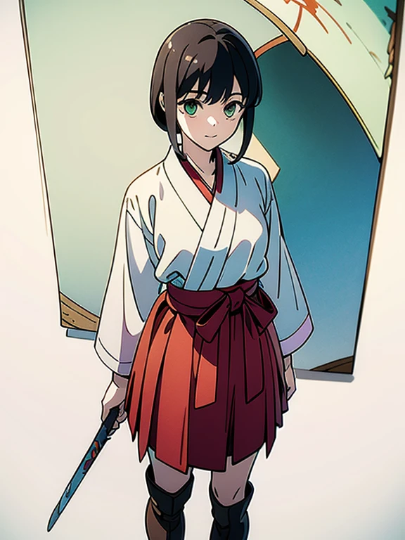 ((((masterpiece, Best Quality, Ultra-high resolution、Best illustrations))))、((Portrait of a person standing against a white background))、anime、A highly concentrated individual、(Very delicate and cute face)、(Sparkling Eyes)、A beautiful 18-year-old shrine maiden stands alone, wielding a wooden sword.、smile、Red cheeks、Medium length black hair、Clean green eyes、Long red hakama、Knee-high boots、Standing diagonally with their gaze directed straight ahead.、A point of view from the same height as the head、((Perfect hands))、