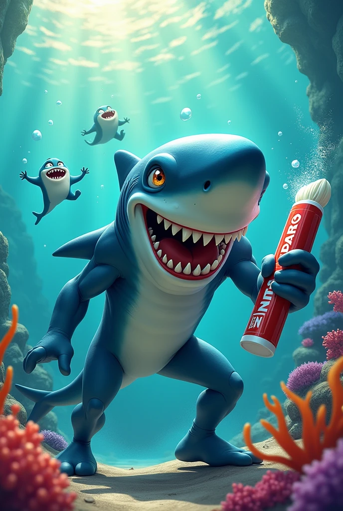 (photorealism:1.2), Sharky whips out a tube of super-strength toothpaste, brushing away the Cavity King's minions with swift, minty strokes, soft lighting, plants in background, sunlight rare through the waters, realistic, intricate details, warm colors, cavity king in the background defeated by sharky