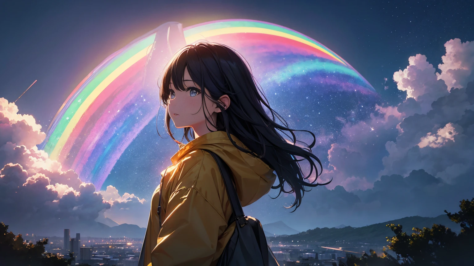after the rain、Under the rainbow sky、Illustration of a woman in a raincoat, 8K Ultra HD, RAW Photos, Digital Painting, Super detailed, Golden Ratio