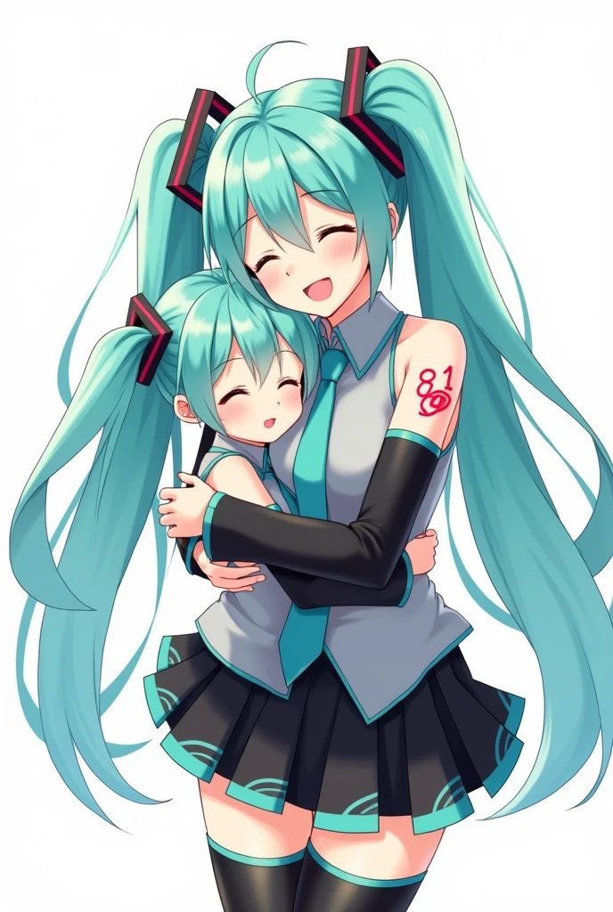 Anime art, anime style, detailed drawing, white background, high definition, high quality, one girl, solo, Hatsune Miku, aqua hair, twin tails, head ornament, headphones, number tattoo "01" (red, located on her left hand), grey sleeveless collared shirt, black detached sleeves with aqua lines, five fingers with aqua nails, aqua necktie, black pleated mini skirt with aqua lines, zettai ryouiki, thigh-high black boots with aqua lines.
Anime art, anime style, detailed drawing, white background, high definition, high quality, one girl, solo, Hatsune Miku, aqua hair, twin tails, head ornament, headphones, number tattoo "01" (red, located on her left hand), grey sleeveless collared shirt, black detached sleeves with aqua lines, five fingers with aqua nails, aqua necktie, black pleated mini skirt with aqua lines, zettai ryouiki, thigh-high black boots with aqua lines.
Miku Hatsune hugging her daughter
