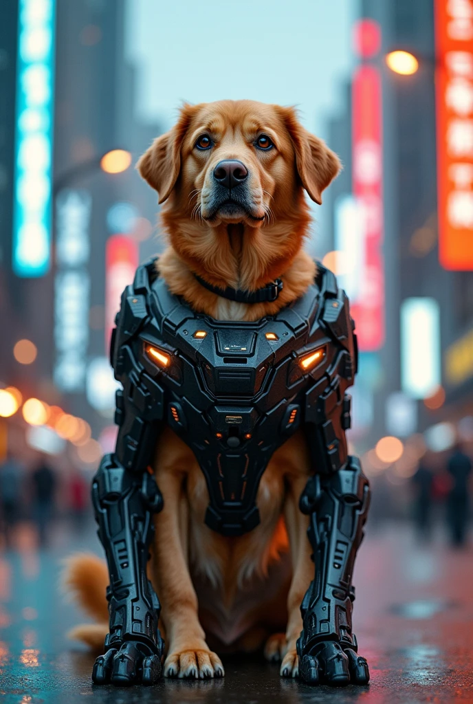 Golden-haired dog in mech,