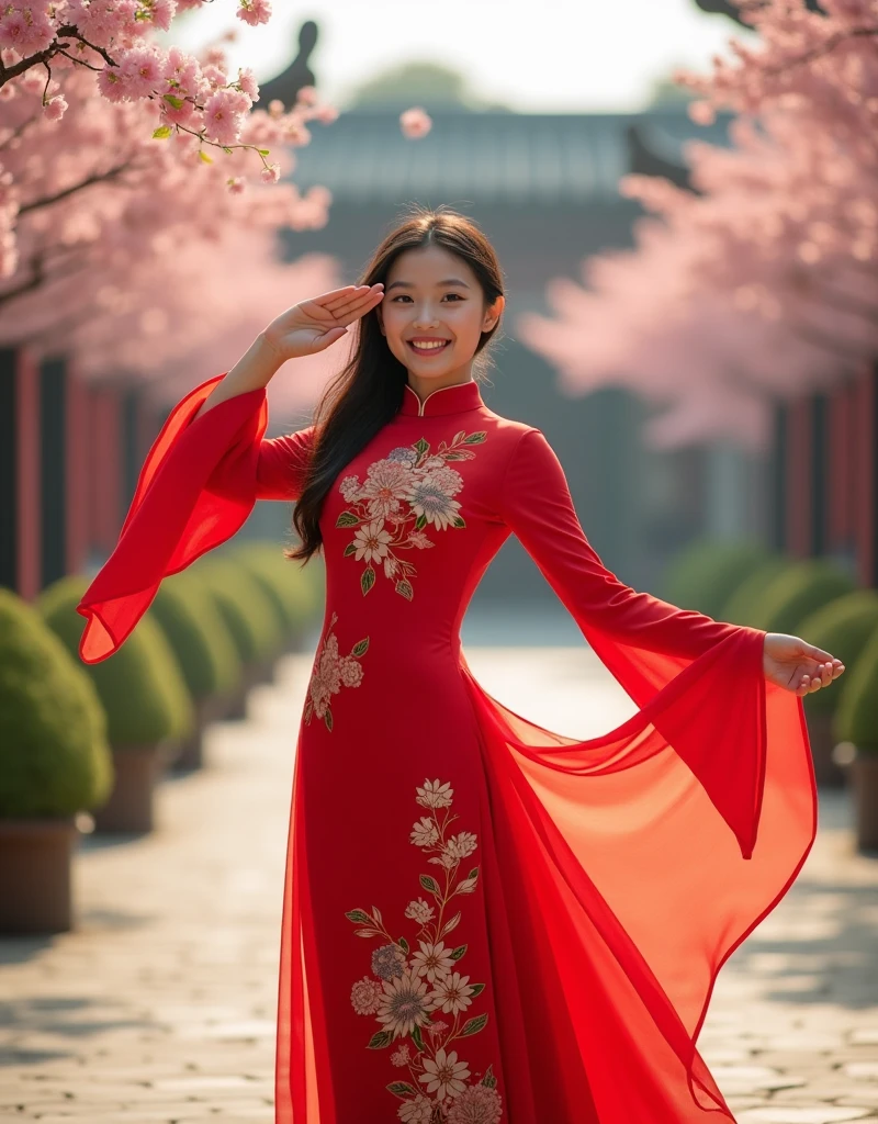 "Create an image of an 18-year-old Asian girl wearing a Vietnamese áo dài, saluting according to regulations. She has a cute and smiling face. The image is full-body, slightly revealing, youthful, and looks realistic."