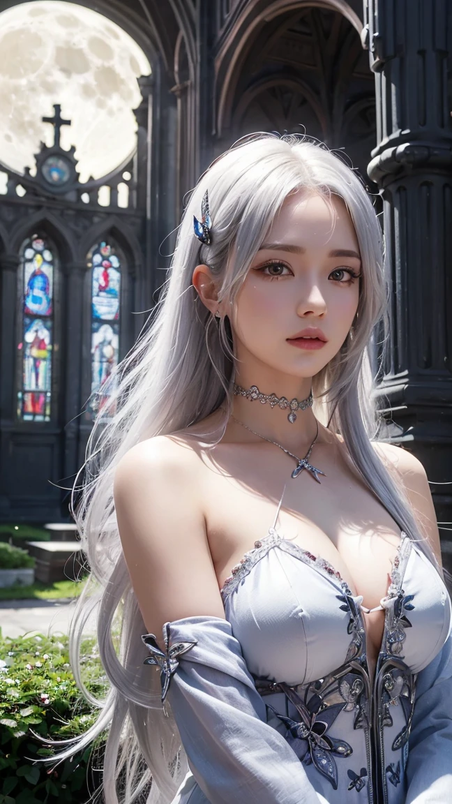 Silver Hair,butterfly,Long white hair,8k wallpaper,Detailed Background,Maximum resolution,Deep V Big,Hair covering one eye,Church Yard Background,Red rose background,tight,moon,