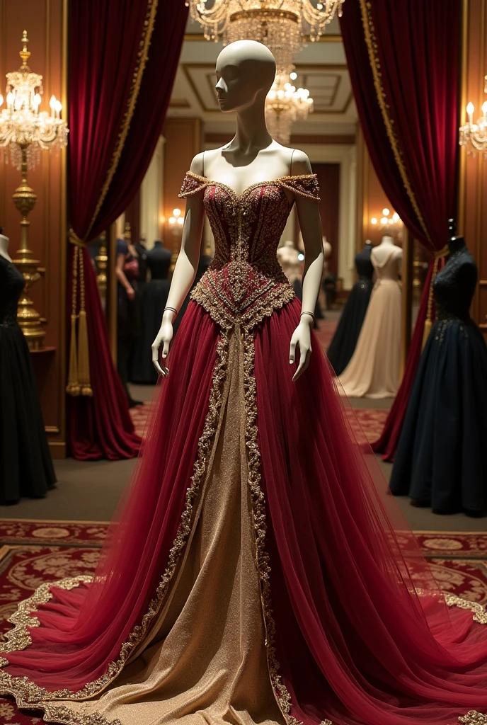 A brunette mannequin dressed in a large, extravagant gown