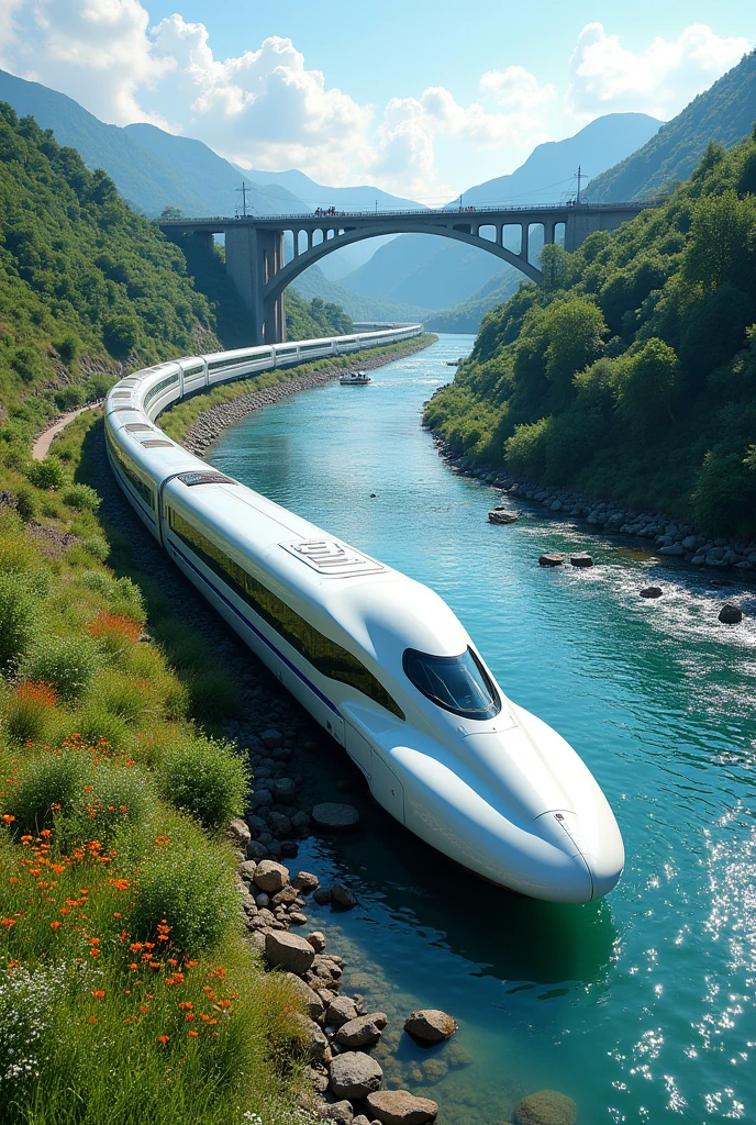 bullet train、Riverbank、river、bridge、Run