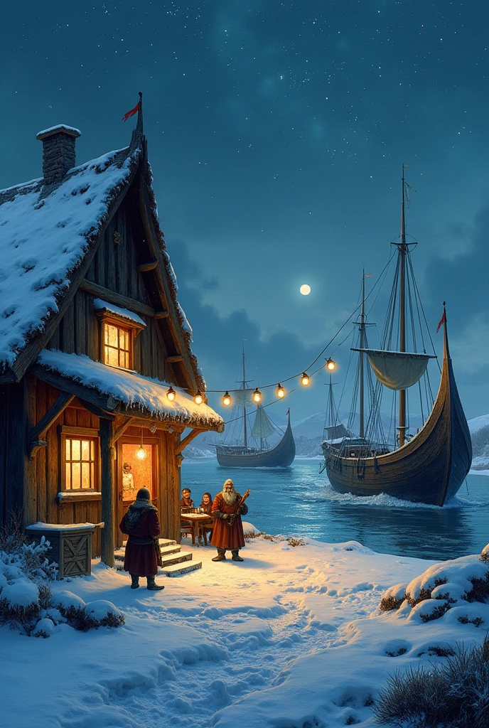 "Depict a Viking-era village on a snowy night, with wooden huts glowing warm yellow light. At the village corner, a cozy beer shop bustles with Vikings, drinking and laughing under the frosty night sky. The scene is lively and festive despite the cold. Viking ships are parked outside the huts, their wooden hulls dusted with snow, adding to the rugged, ancient atmosphere."