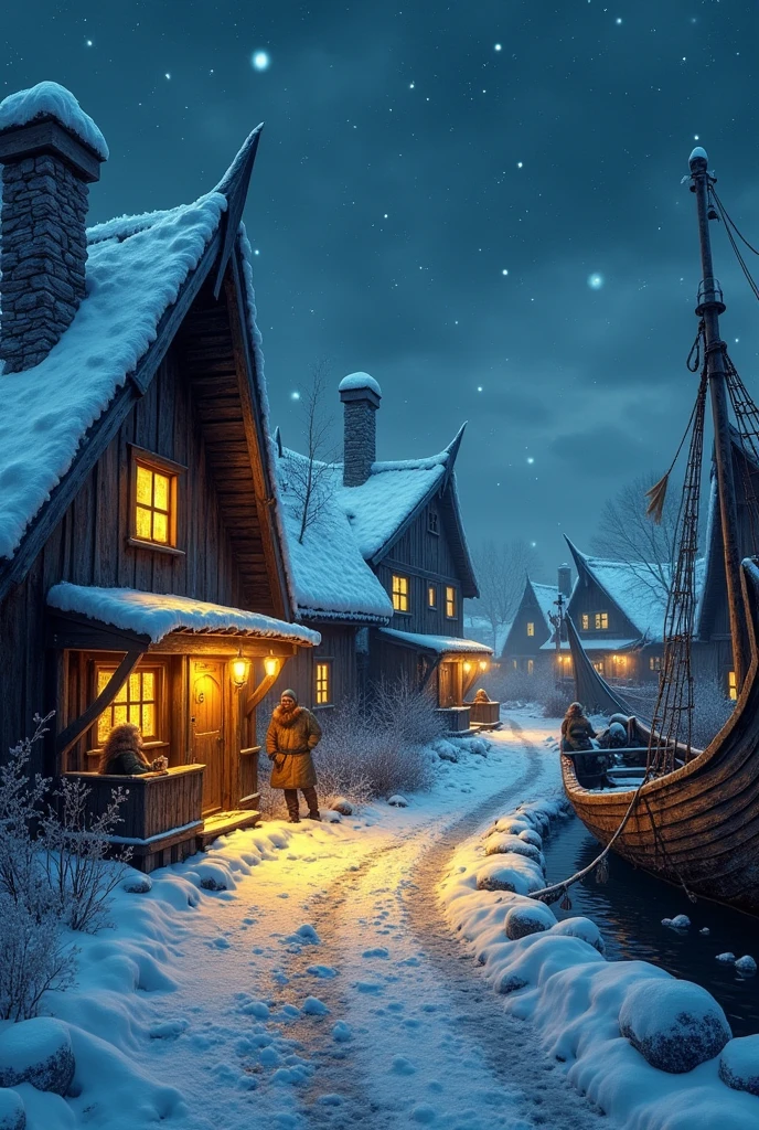 "Depict a Viking-era village on a snowy night, with wooden huts glowing warm yellow light. At the village corner, a cozy beer shop bustles with Vikings, drinking and laughing under the frosty night sky. The scene is lively and festive despite the cold. Viking ships are parked outside the huts, their wooden hulls dusted with snow, adding to the rugged, ancient atmosphere."