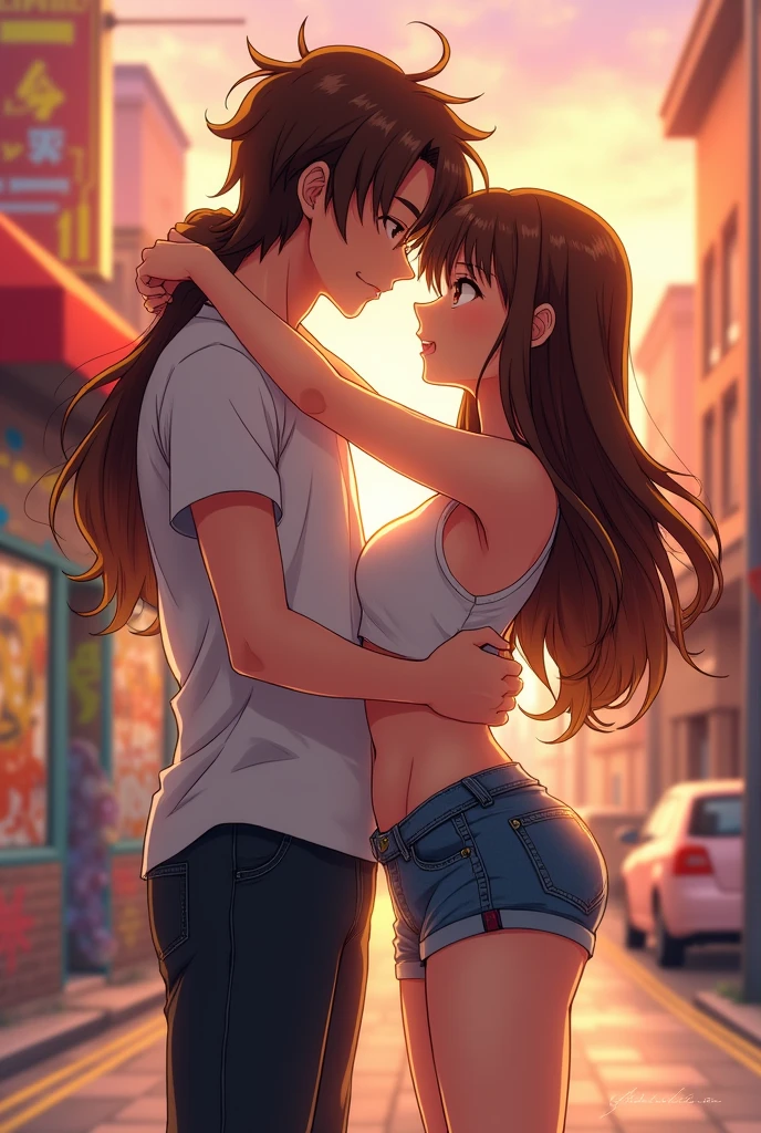 Boy with big long hair down to his back brown handsome with his hands on the buttocks of a sexy girl in shorts and cropped top with long brown hair and long bangs anime style full body standing kissing in anime
