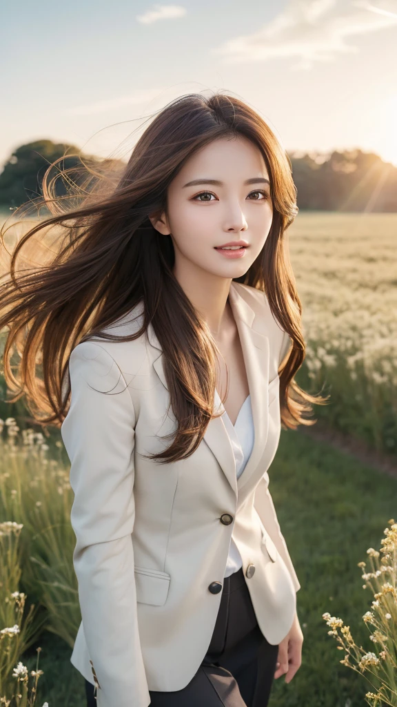 highest quality、genuine、Super detailed、finely、High resolution、8k wallpaper、one beautiful woman、、、light brown disheveled hair、wearing a business suit、sharp focus、perfect dynamic composition、beautiful and detailed eyes、thin hair、Detailed genuine skin texture、smile、model body shape、In a windswept meadow