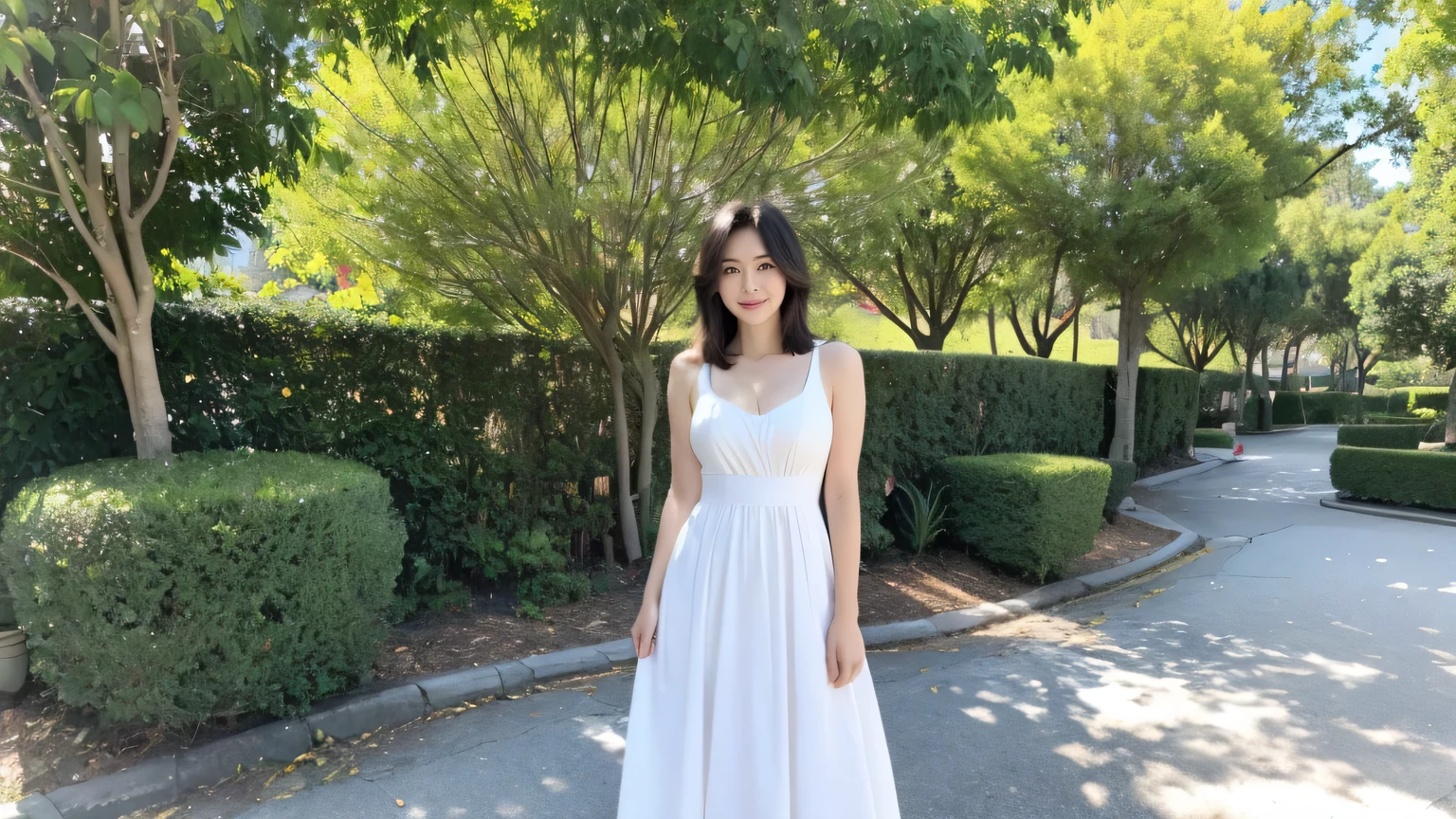 最high quality, In 8K, Masseter region, Vibrant, Sharp focus, high quality, High resolution, Detailed face, fine grain, Thick lips, (Looking at the audience), Alone, Beautiful woman, 38 years old, Japanese women, (Short black hair:1.4), Cleavage, Lunch break、Large city park、Green Grass、(Standing in the park:1.3)、(Full body photo:1)、(White formal dress:1.5)、(Knee-length dresses:1.5)、(Black pumps:1.5)、(Red lipstick:1)、(smile:1.3)、(standard body type)、(C cup breasts)