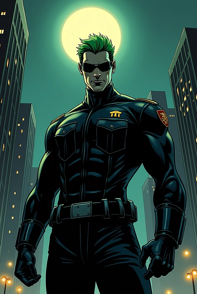 Dark Hero male night City Green Hair short hair military uniform suit sunglasses American Comics