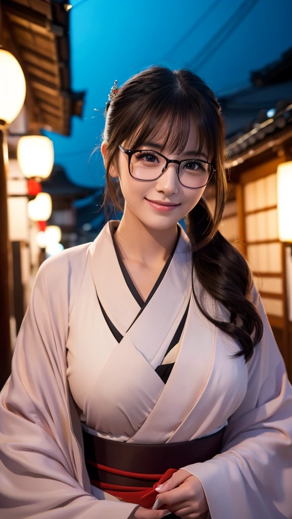 (Super beautiful woman in kimono)、((highest quality、8K masterpiece:1.3))、sharp focus:1.2、(super beautiful face:1.0)、(shiny skin:1.0)、realistic pictures、black hair、video lighting、High resolution eyes and face、video lighting、japanese actress、from the front、big breasts、with a happy smile、Slender abs beauty、whole body、wearing a kimono、in Kyoto、(((luxury obi)))、In Kyoto at night、wearing glasses with no edge、with a fan、Fireworks Display