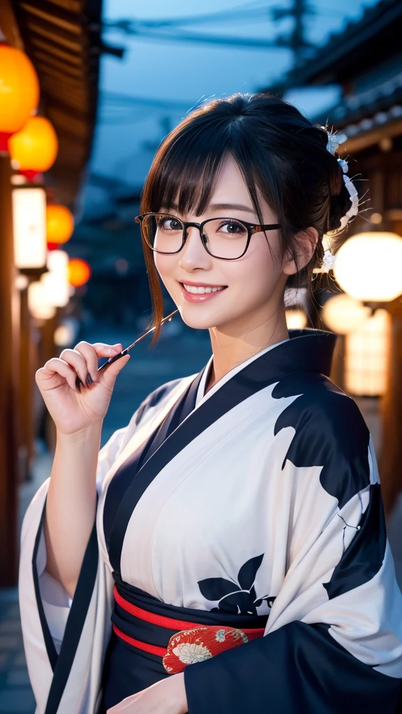 (Super beautiful woman in kimono)、((highest quality、8K masterpiece:1.3))、sharp focus:1.2、(super beautiful face:1.0)、(shiny skin:1.0)、realistic pictures、black hair、video lighting、High resolution eyes and face、video lighting、japanese actress、from the front、big breasts、with a happy smile、Slender abs beauty、whole body、wearing a kimono、in Kyoto、(((luxury obi)))、In Kyoto at night、wearing glasses with no edge、with a fan、Fireworks Display