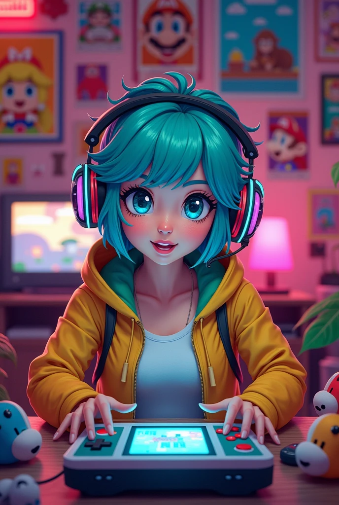 Create an adult female gamer character inspired by Nintendo games