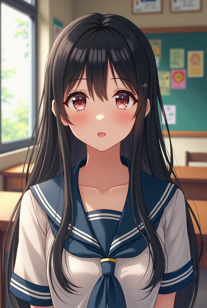 (masterpiece,Highest quality:1.4),(8k,RAW Photos,Photorealistic:1.4),Ultra-high resolution, ,(Glowing Skin:1.4),Detailed skin,Detailed face,Detailed eyes,(Beautiful and shining eyes:1.2),Symmetrical eyes,Detailed ears,One person,Natural Makeup,high school girls,(((Japanese Idols))),(Japanese Face),Detailed Background,Vivid background,Beautiful and shiny hair,,((Average teenage breasts)),,(Detailed Summer school uniforms for senior high school girls Japan),,((Sharp Face)),Natural light,,(Very detailed ,Trend design for 2024,online shopping,LUMINE® Market,),Trendy hairstyles,black_hair,long_hair,Upper Body,,(Detailed classroom of a girls' high school,,Location was great.),,Real-life schoolgirl、Cute teenage uniform model、Random Posing