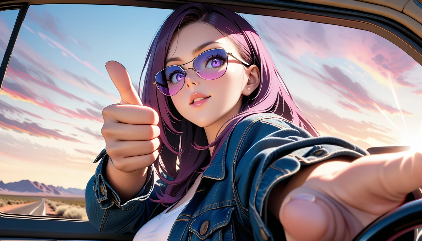 A majestic, mature woman trucker, radiating confidence and authority, sits behind the wheel of her imposing black semi-truck as it navigates through the pristine white wilderness of Arizona. She's giving a hearty thumbs up with her left hand, stretched out from the open window, as the strong sunlight reflects off her mirrored sunglasses., Sense of speed, Purple smoke rising, (masterpiece, incredibly absurd resolution, absolutely resolution, ultra high resolution, all intricate, perfect anatomy, ideal facial features, Beautifully detailed face, Beautifully detailed eyes, ideally proportioned figure, perfectly beautiful body)