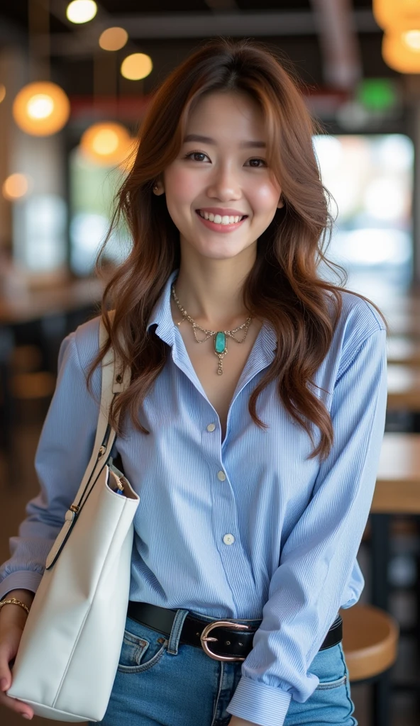 Tabletop、Highest quality、Genuine、Very detailed、finely、High resolution、8k wallpaper、One beautiful woman、light brown disheveled hair、Sharp focus、Perfect dynamic composition、Beautiful and detailed、Thinning hair、詳細なGenuineな肌の質感、smile、Close-up portrait、Model body type、smile、29-year-old Japanese woman、A long-sleeved blue and white striped button-down shirt、jeans、Black shiny patent leather belt、necklace,White Tote Bag,Chest-length straight long hair, Center of chest, Natural color lip, Random sexy poses,In front of a cafe near Tokyo Station,Front image、The whole body is shown from head to toe,Anatomically correct body