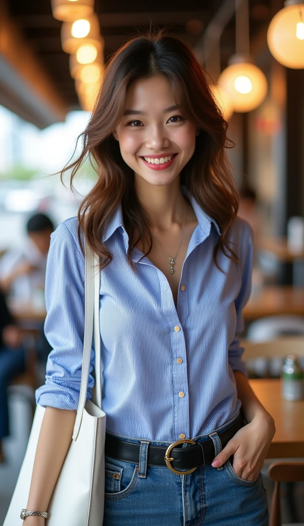 Tabletop、Highest quality、Genuine、Very detailed、finely、High resolution、8k wallpaper、One beautiful woman、light brown disheveled hair、Sharp focus、Perfect dynamic composition、Beautiful and detailed、Thinning hair、詳細なGenuineな肌の質感、smile、Close-up portrait、Model body type、smile、29-year-old Japanese woman、A long-sleeved blue and white striped button-down shirt、jeans、Black shiny patent leather belt、necklace,White Tote Bag,Chest-length straight long hair, Center of chest, Natural color lip, Random sexy poses,In front of a cafe near Tokyo Station,Front image、The whole body is shown from head to toe,Anatomically correct body
