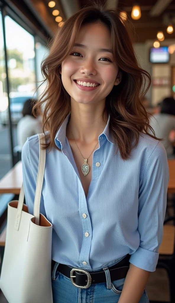 Tabletop、Highest quality、Genuine、Very detailed、finely、High resolution、8k wallpaper、One beautiful woman、light brown disheveled hair、Sharp focus、Perfect dynamic composition、Beautiful and detailed、Thinning hair、詳細なGenuineな肌の質感、smile、Close-up portrait、Model body type、smile、29-year-old Japanese woman、A long-sleeved blue and white striped button-down shirt、jeans、Black shiny patent leather belt、necklace,White Tote Bag,Chest-length straight long hair, Center of chest, Natural color lip, Random sexy poses,In front of a cafe near Tokyo Station,Front image、The whole body is shown from head to toe,Anatomically correct body
