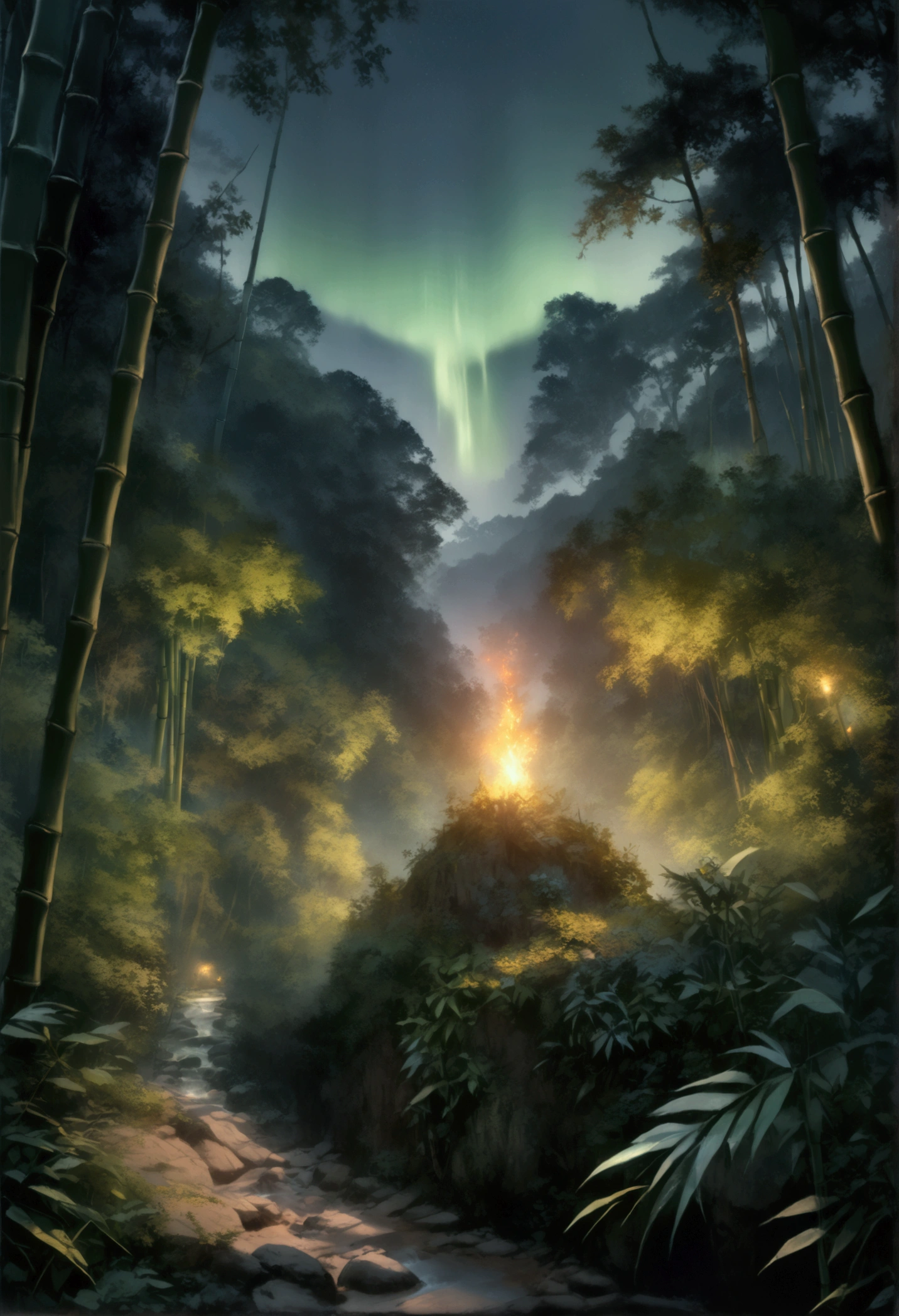 Top view, bamboo forest,Enchanted by nature, Glowing green, Leaves and magic.fair!!!!!!!!!, Green blessings, Natural and realistic rendering.Foreground illuminated by fireflies.Best Works. anatomically correct.Scenery background(best quality,4K,8k,High resolution,masterpiece:1.2),Super detailed,(actual,photoactual,photo-actual:1.37),