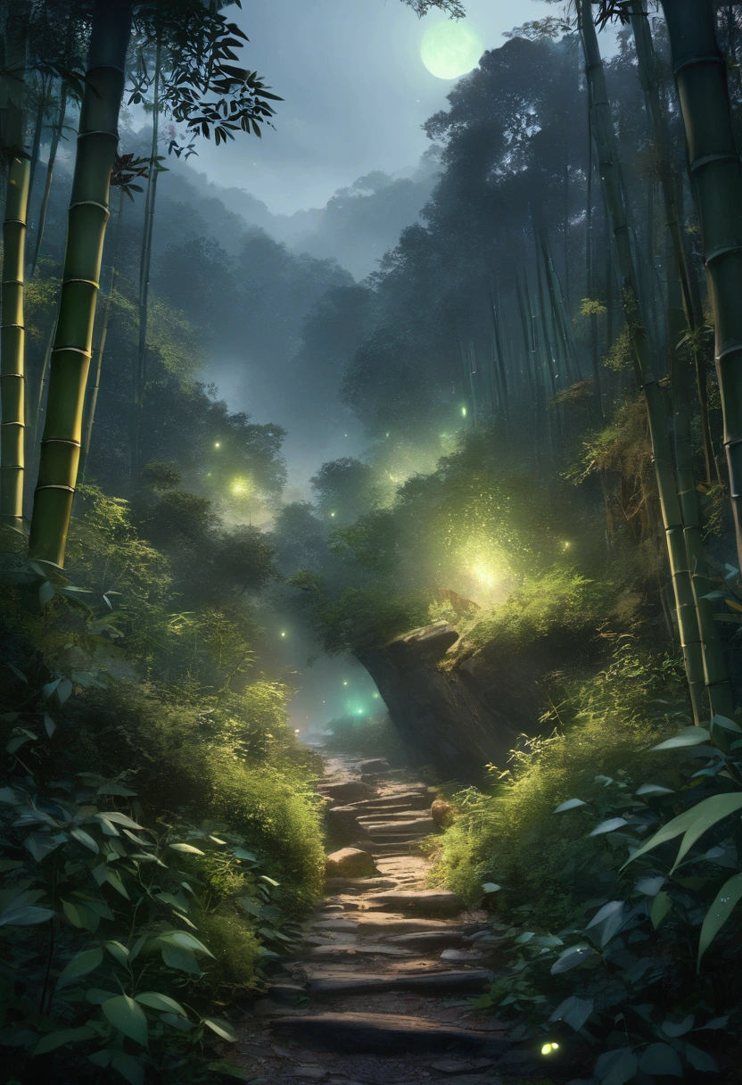 Top view, bamboo forest,Enchanted by nature, Glowing green, Leaves and magic.fair!!!!!!!!!, Green blessings, Natural and realistic rendering.Foreground illuminated by fireflies.Best Works. anatomically correct.Scenery background(best quality,4K,8k,High resolution,masterpiece:1.2),Super detailed,(actual,photoactual,photo-actual:1.37),