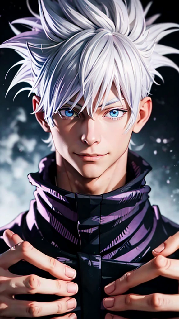 A person with short, silver hair with black streaks., Gojo Satoru, Close-up of Gojō Satoru from the anime Jujutsu Kaisen, as an Anime Characters, Perfect anime face, He has silver hair, male Anime Characters, Anime Characters,Silver Hair, Blue Eyes, Smile, Practical, Ultra Detailed, Pure black background，Half-length photo