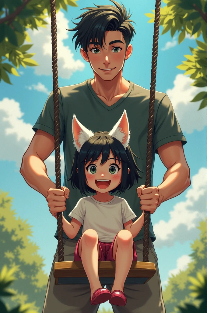 A half-beast girl with white dog ears, black short hair, and about .
A tall man with a handsome face, black short hair, and about 27 years old.
A 27-year-old man is pushing the back of a girl on a swing, and she is playing happily.