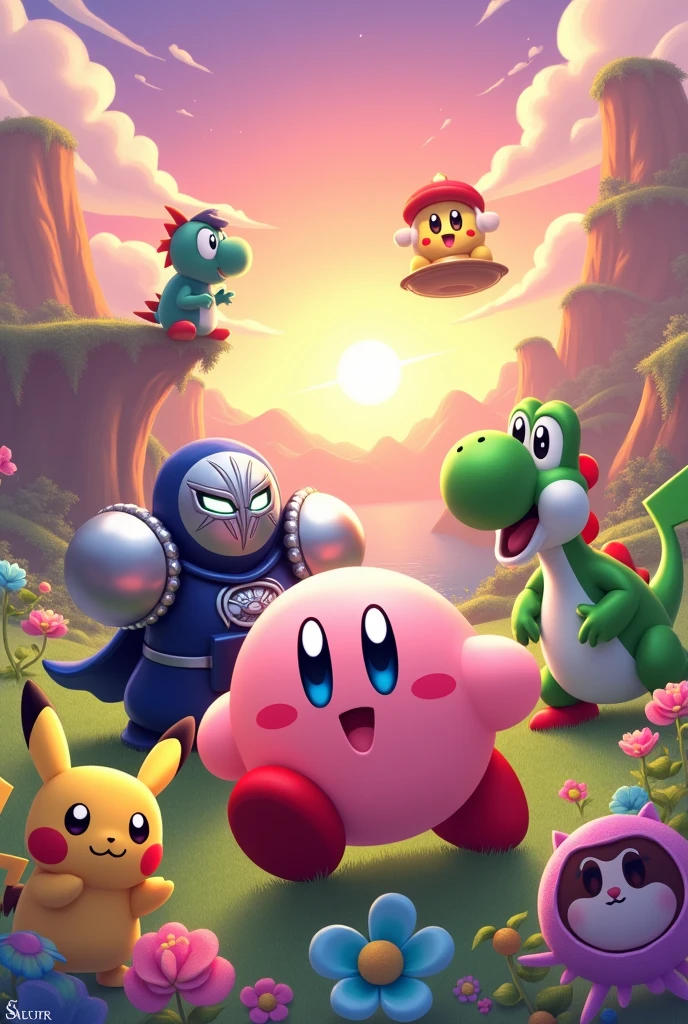 Kirby, Meta Knight, Yoshi, Greninja, Pikachu, and Paimon