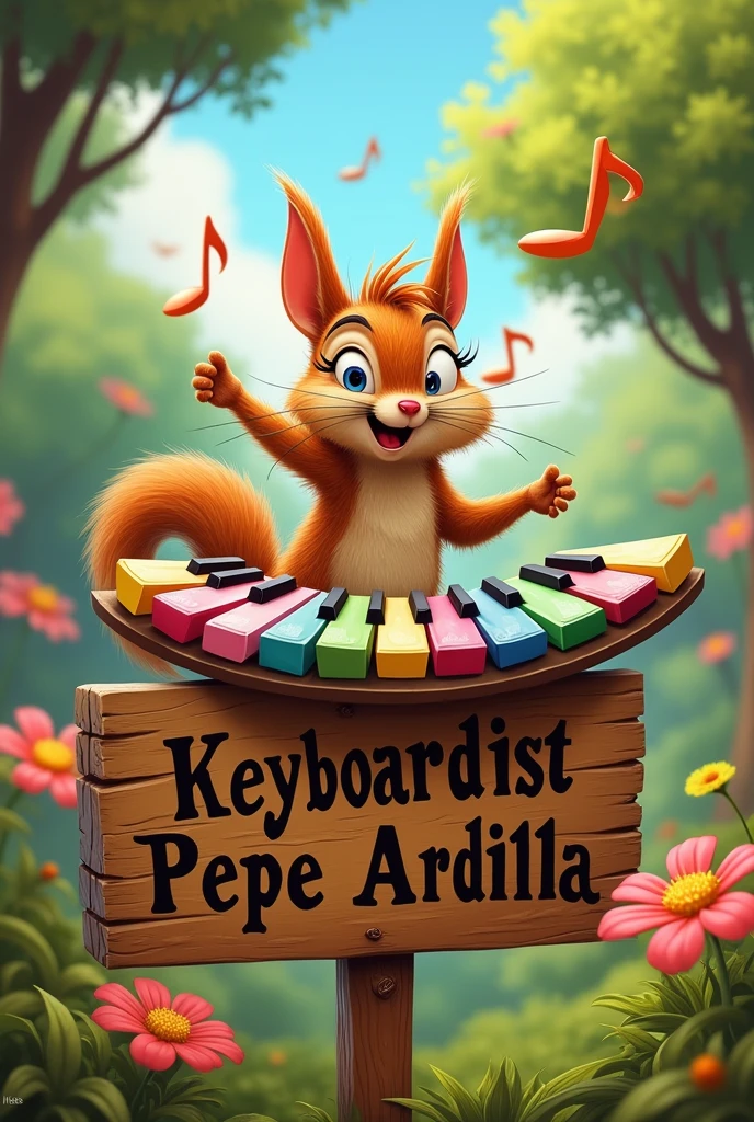 Looney tunes type squirrel in a funny situation with a musical keyboard and a wooden sign with engraved letters that say Keyboardist Pepe Ardilla